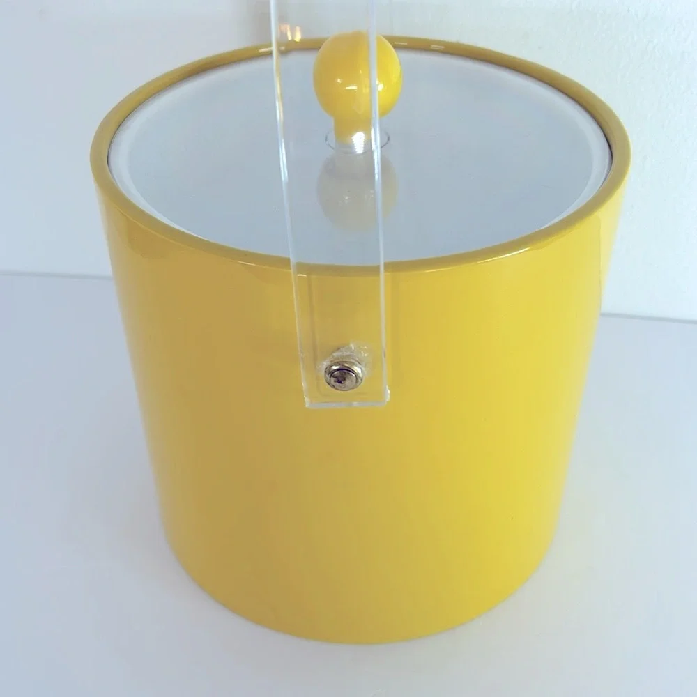 Vintage 1970s Taiwan Vinyl Yellow Ice Bucket with Clear Acrylic Handle & Lid